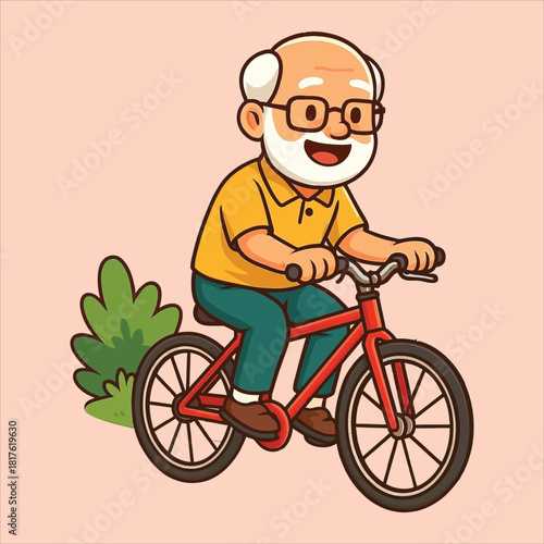Cartoon Grandfather with Glasses Riding a Red Bicycle Near a Bush.
