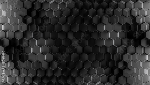 Fototapeta Naklejka Na Ścianę i Meble -  3d render of geometric tech pattern or dark abstract hexagon background. Smooth black honeycomb shapes for dark shadowy backgrounds.