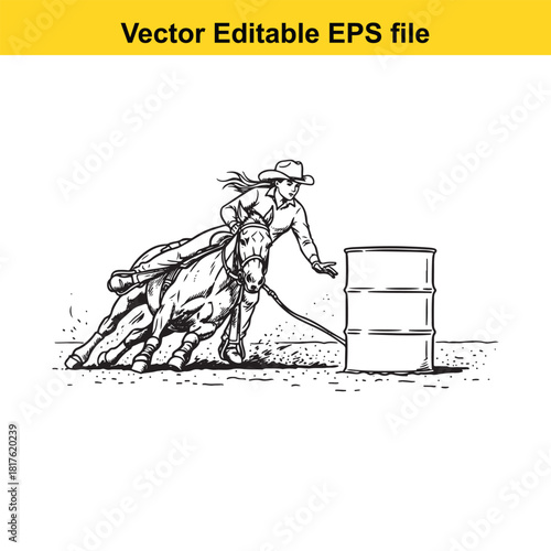 Cowgirl in a rodeo barrel racing competition, skillfully maneuvering her horse around a barrel, isolated on