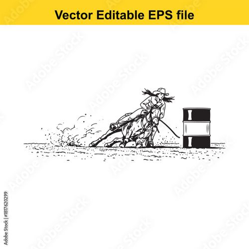 Barrel racing cowboy on horse turning around a barrel in a rodeo competition, vector illustration, isolated on