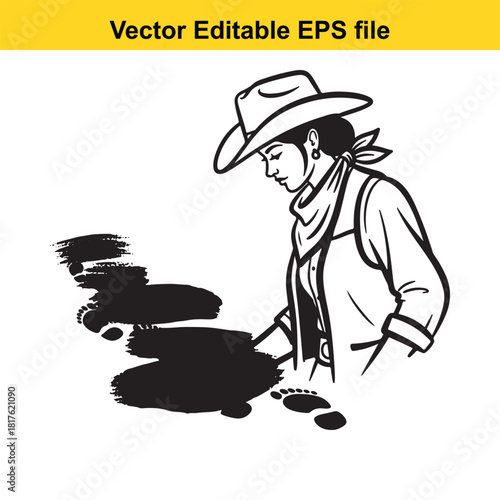 Cowgirl wearing a cowboy hat and bandana, looking down at muddy footprints on a, vector illustration