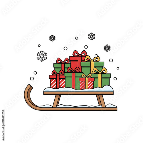 Wooden sleigh carrying stacked Christmas gifts and snowflakes.