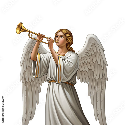 An angel in white robes blowing a golden trumpet.