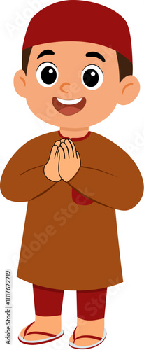 Muslim Boy salam pose  flat illustration red kufi
