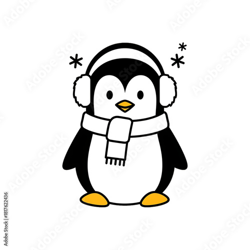 Cute penguin wearing earmuffs and a scarf in snowy weather.