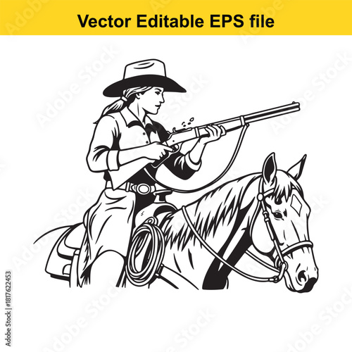 Cowgirl with rifle on horseback, vector illustration, western theme, isolated on