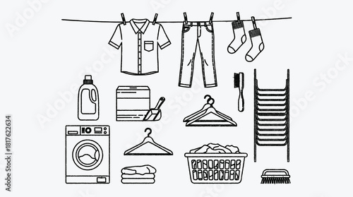 Laundry day vector illustration with clothes washing machine and detergents