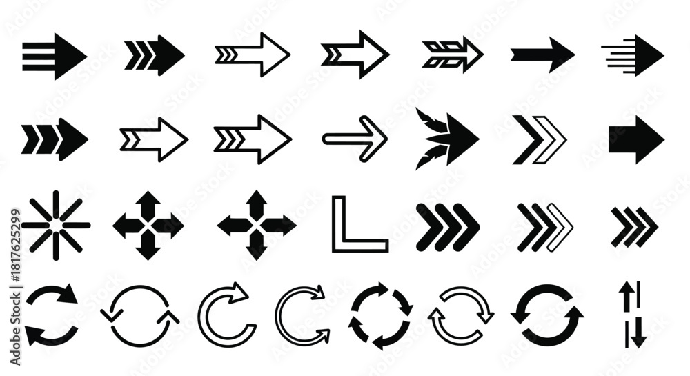 Naklejka premium Collection of various black arrow designs pointing in different directions on white background