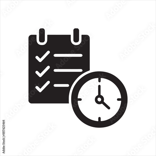 Black and white to do list and clock icon depicting time management and planning for deadlines and appointments silhouette