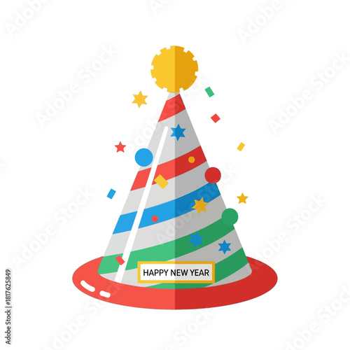 Festive Party Hat Illustration Celebrate New Year with Colorful Confetti & Decorations