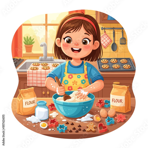 Happy child baking cookies with flour, eggs, and cookie cutters in the kitchen