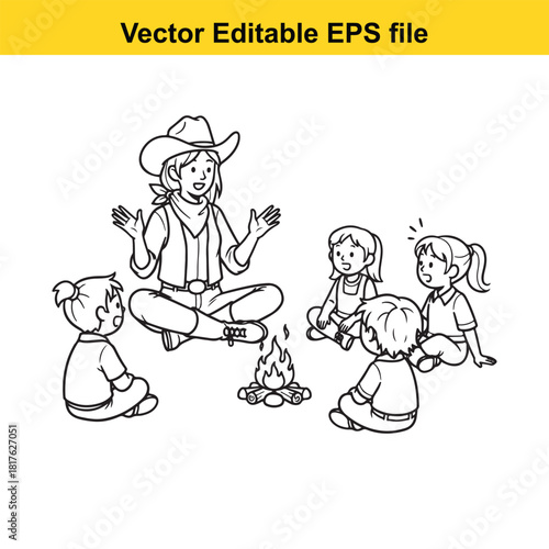 Cowboy leader telling story to group of children around campfire, vector illustration isolated on