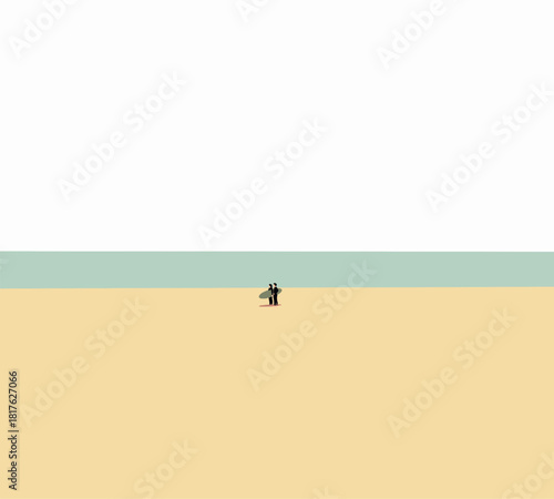 Two surfer in black swimming suit holding surfboard on the beach. Outdoor sport activities, summer holiday vacation.