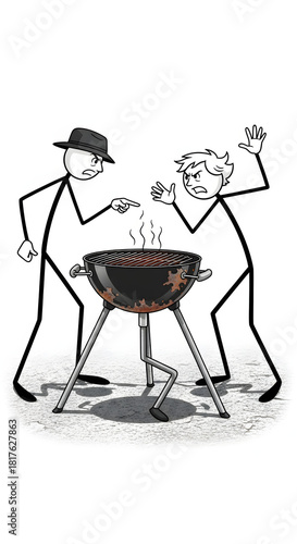 Wallpaper Mural Stick Figure BBQ Argument: Two people bickering over a burnt grill, cooking mishap illustration. Torontodigital.ca