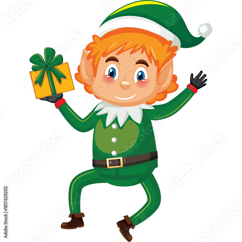 Smiling Christmas Elf with Orange Hair Wearing a Green Hat and Suit Holding a Yellow Gift Box with a Green Ribbon and Black Gloves Standing on a Transparent Background