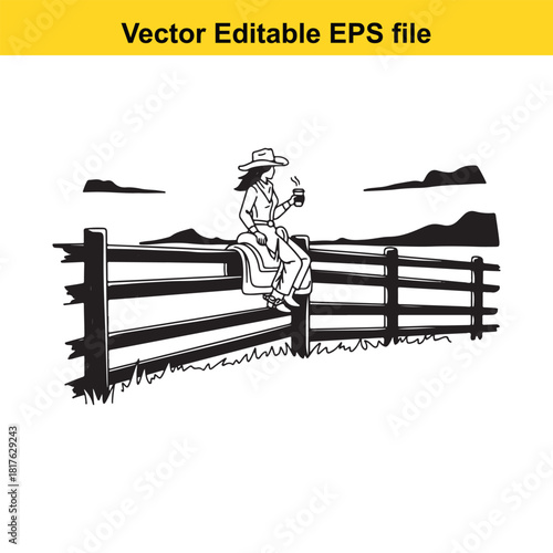 A woman wearing a cowboy hat and outfit sits on a wooden fence, holding a cup, with a vast landscape in the background