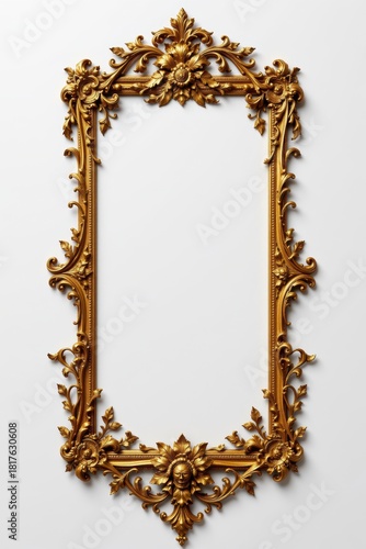 Ornate Gold Picture Frame with Intricate Floral Designs and Empty Space for Art or Photography Display on White Background