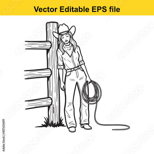 Cowgirl leaning on a wooden fence holding a lasso, vector illustration