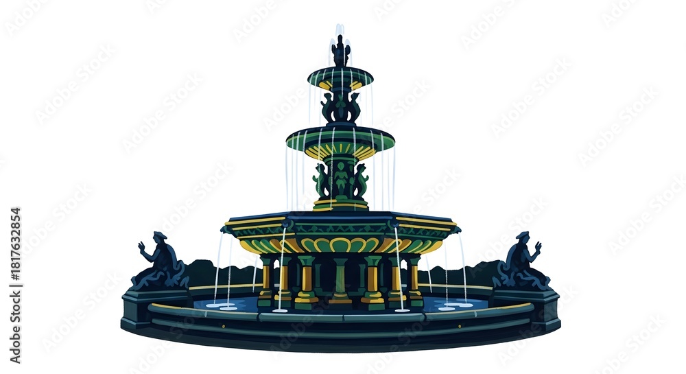 Fototapeta premium Ornate Victorian Style Tiered Water Fountain Isolated on White Background