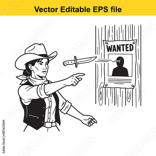 Cowgirl aiming a knife at a wanted poster on a wooden wall, vector illustration