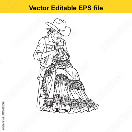 Line art illustration of a cowgirl sitting on a stool, sewing a ruffled skirt, isolated on