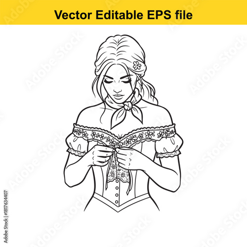 Line art illustration of a young woman in a vintage dress, buttoning up her bodice, isolated on