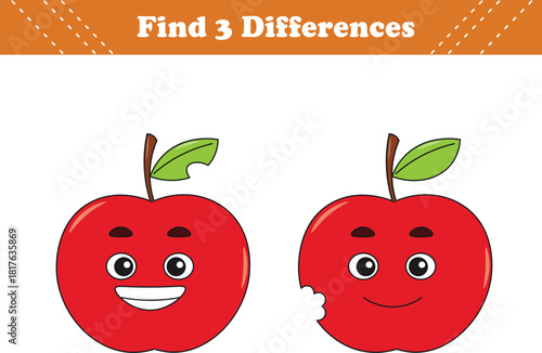 Education game for children find three differences between two fruits cartoon. Vector illustration