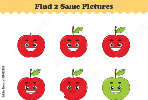 Funny cartoon fruits. Find two same pictures. Educational game for children. Cartoon vector illustration