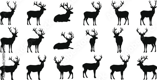 Collection of eighteen black deer and stag silhouettes featuring various standing and lying poses with large antlers for nature design, vector illustration.