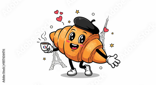A cheerful cartoon croissant character wearing a French beret.