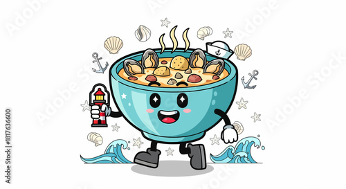 Cartoon bowl of seafood chowder with sailor hat and lighthouse.
