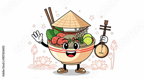 Cartoon Bowl of Vietnamese Pho with Conical Hat and Dan Bau.