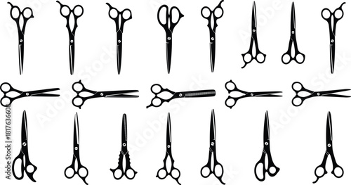Collection of professional hair cutting scissors, barber shears, grooming tools, and styling accessories in detailed vector silhouettes for salon, barbershop, and hairdressing illustration