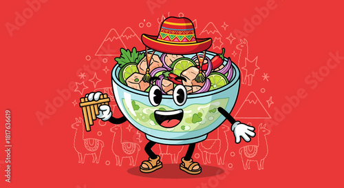 Cartoon Ceviche Bowl Character with Pan Flute and Sombrero.