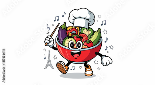Cartoon Chef Bowl Conducting a Symphony of Fresh Vegetables.