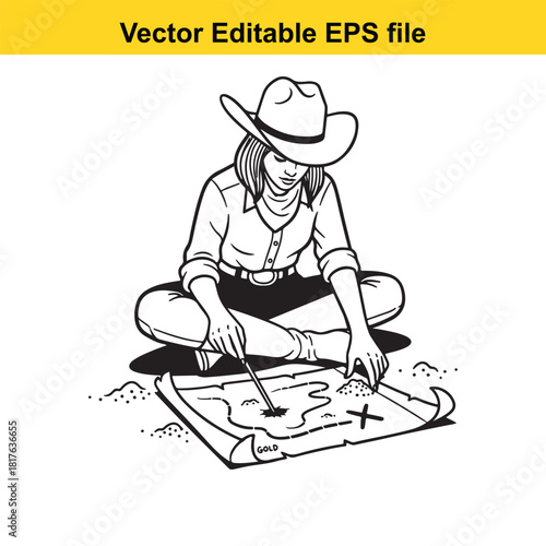Cowgirl sitting on the ground with a cowboy hat and a treasure map, looking for gold, vector illustration
