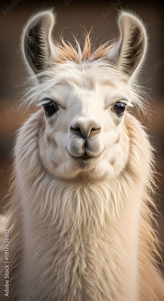 Obraz premium Close-up portrait of a fluffy white llama with a gentle expression, looking directly at the camera.