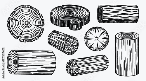 Wood Logs and Cross Sections Illustration in Black and White Style