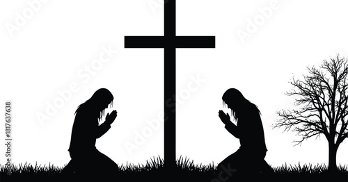 Two people praying on their knees before a Christian cross silhouette vector illustration, religious worship and devotion icon, faith, spirituality, and Christianity concept scene with grass and tree.