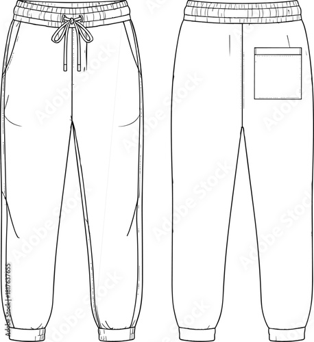 Unisex Athletic Jogger Pants CAD Drawing, Featuring an Elastic Waistband, Drawstring Closure, and Back Patch Pocket, Technical Flat Vector Illustration