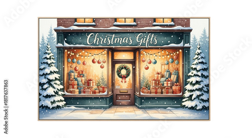 Watercolor Christmas Gift Shop Front Art with Snowy Windows, Decorations and Presents
