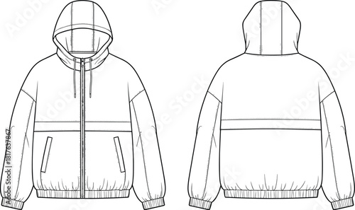 Unisex Technical Oversized Hooded Windbreaker Jacket Technical Flat Sketch CAD Drawing with Full Zip Closure, Horizontal Chest Stripe, and Elastic Hem Detail Vector