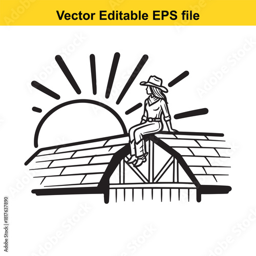 Woman wearing a cowboy hat sitting on a rooftop with the sun rising behind her, vector illustration