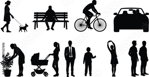 Urban lifestyle daily activity people silhouette set, woman walking dog, cyclist, family in car, man on bench, and parents with baby stroller vector illustration