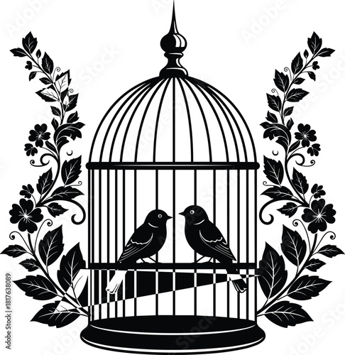 Vintage black birdcage vector illustration with two birds facing each other, floral branch decoration, isolated design element for wedding or logo.