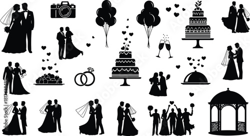 Wedding icons and couple silhouettes vector collection, bride and groom, tiered cakes, rings, camera, balloons, and gazebo, marriage celebration, love, and romantic event design elements.