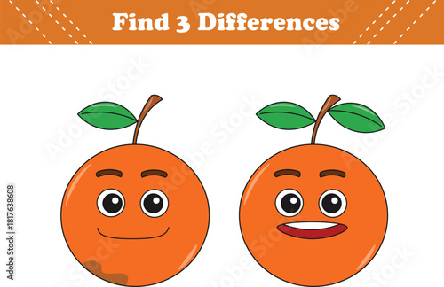 Education game for children find three differences between two fruits cartoon. Vector illustration