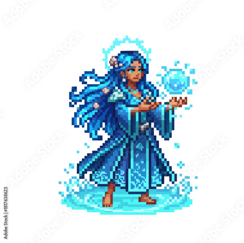 pixel art ocean tide healer summoning gentle flowing water magic