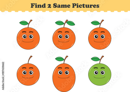 Funny cartoon fruits. Find two same pictures. Educational game for children. Cartoon vector illustration