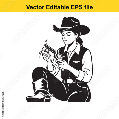 Cowgirl cleaning a revolver gun, sitting down, wearing cowboy hat and vest, isolated on